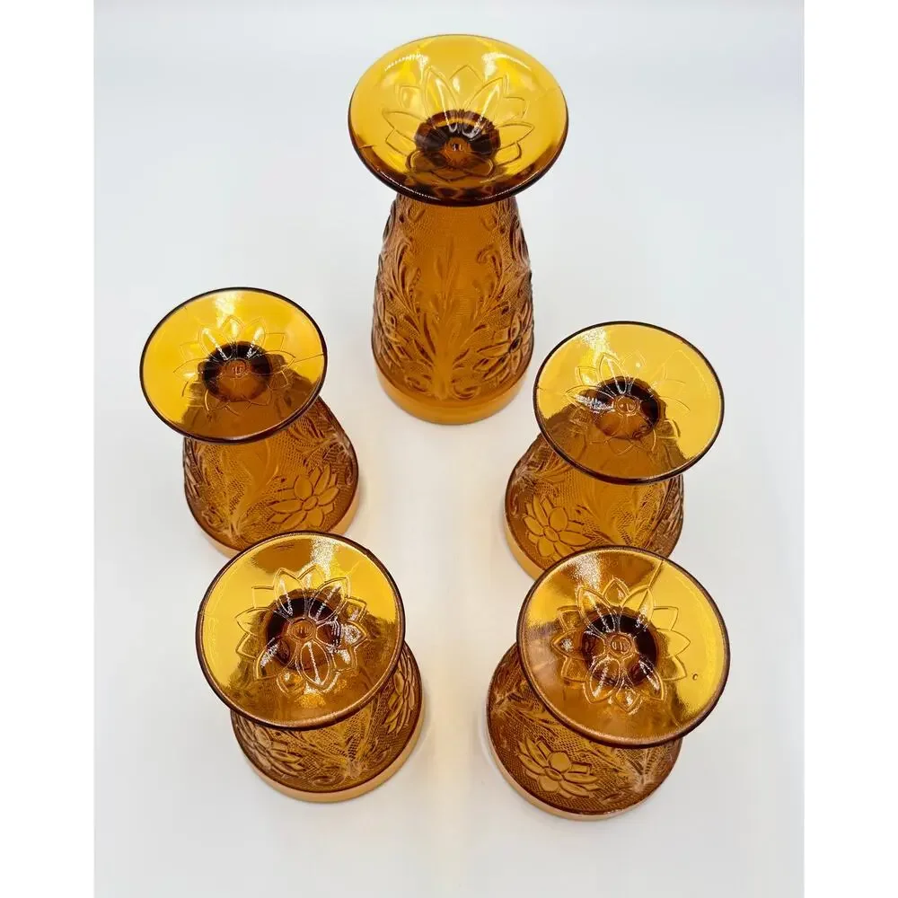 Indiana Sandwich Glass Tiara Amber 5pc Set - Tumbler Drinking Glasses